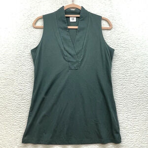 CAbi Shirt Womens Small Green Sleeveless Plackett Tee V Neck Casual Style 3063